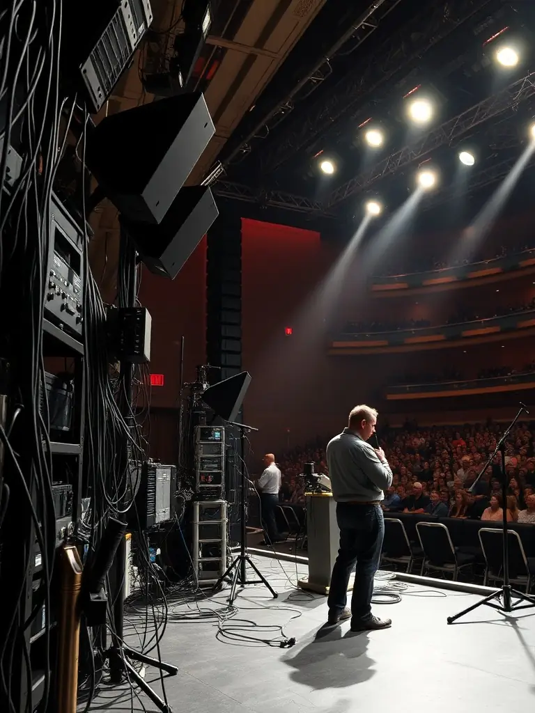 A behind-the-scenes photo of the technical crew setting up for a large-scale performance, highlighting the organizational resources provided by ASS MUSIQUE ET SPECTACLE.