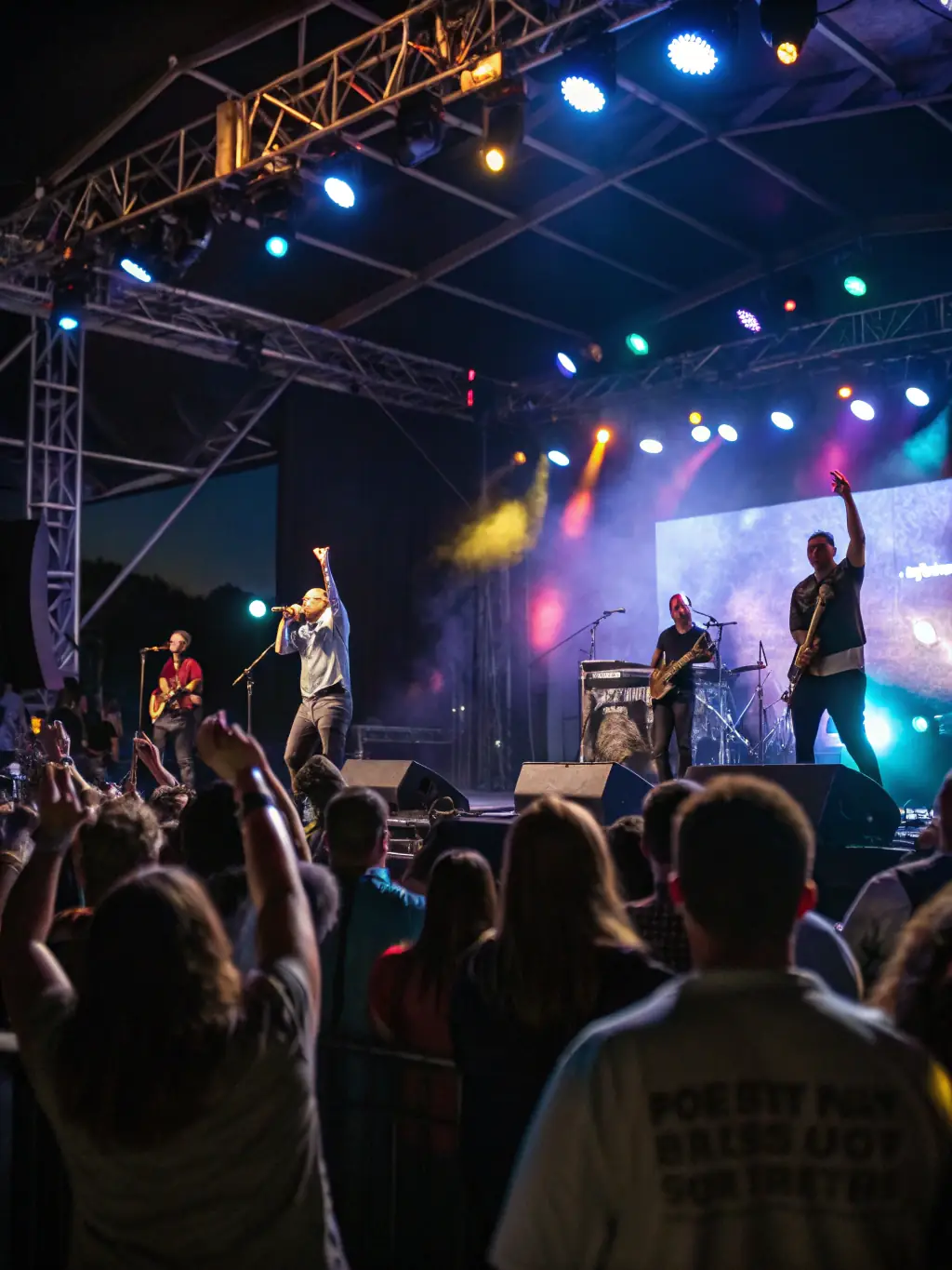 A vibrant photograph capturing a live musical performance at one of ASS MUSIQUE ET SPECTACLE's events, showcasing musicians on stage with a captivated audience in the foreground.