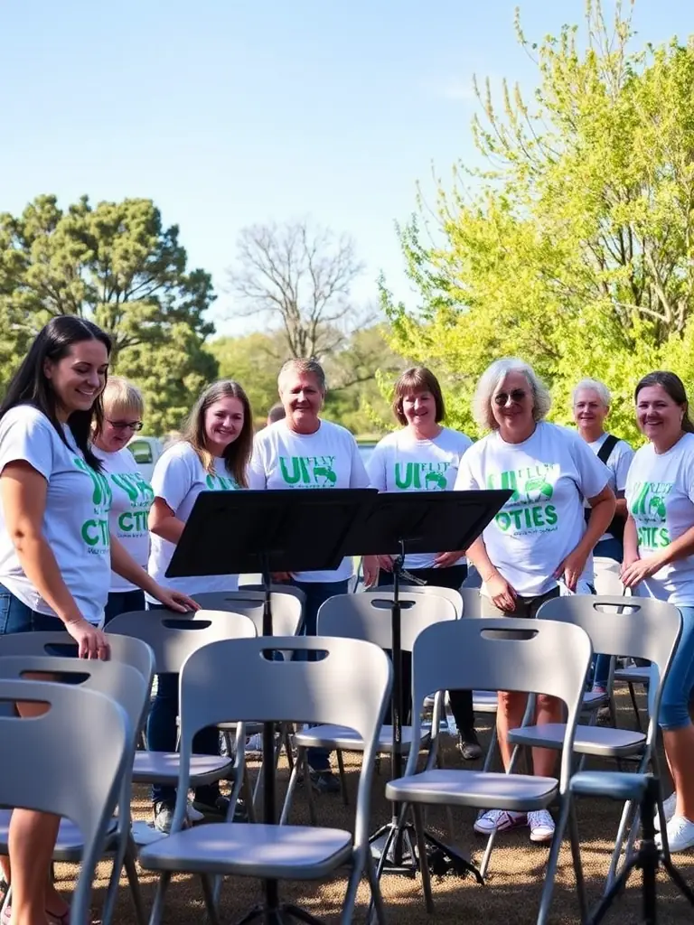 Volunteers working together to set up the stage for an outdoor music festival, demonstrating teamwork and community spirit.