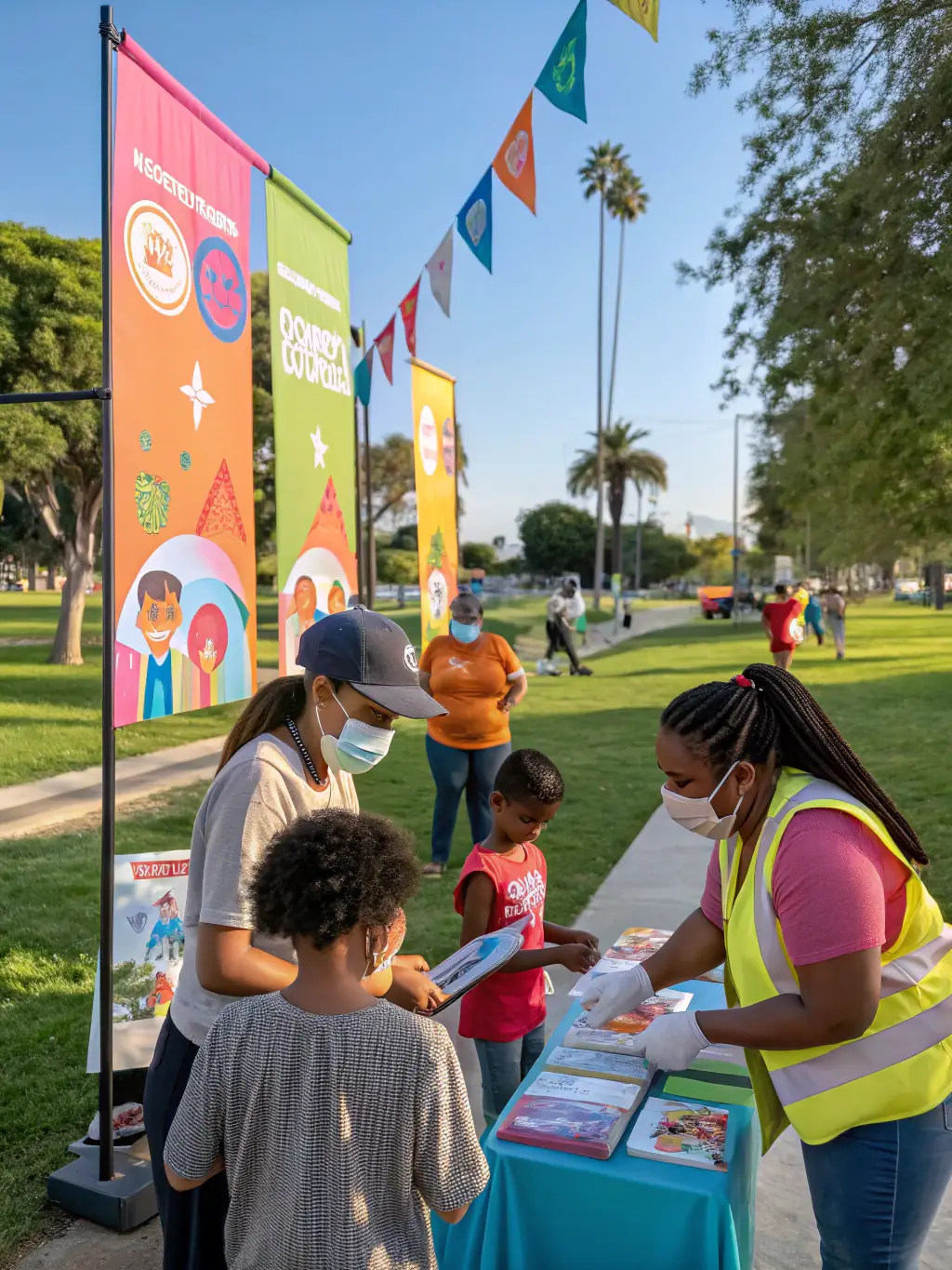 A captivating shot of a community outreach event organized by ASS MUSIQUE ET SPECTACLE, showing volunteers and participants interacting positively and creating social connections.