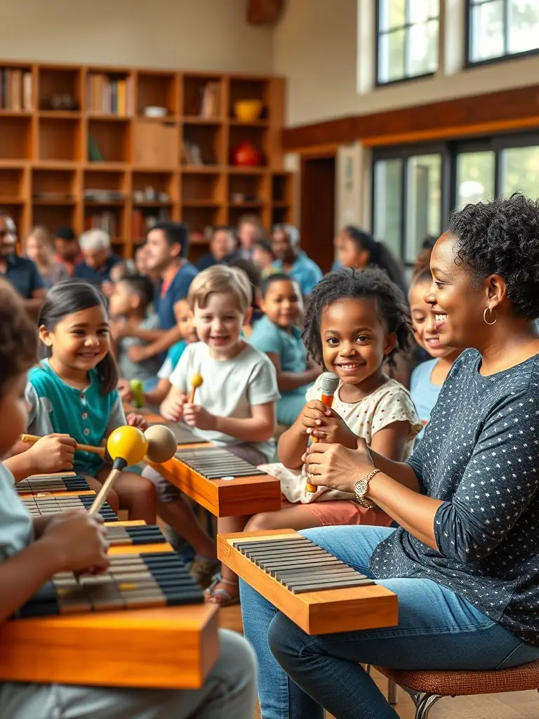 A diverse group of people laughing and interacting during a community music workshop, showcasing the joy of collaborative music-making.