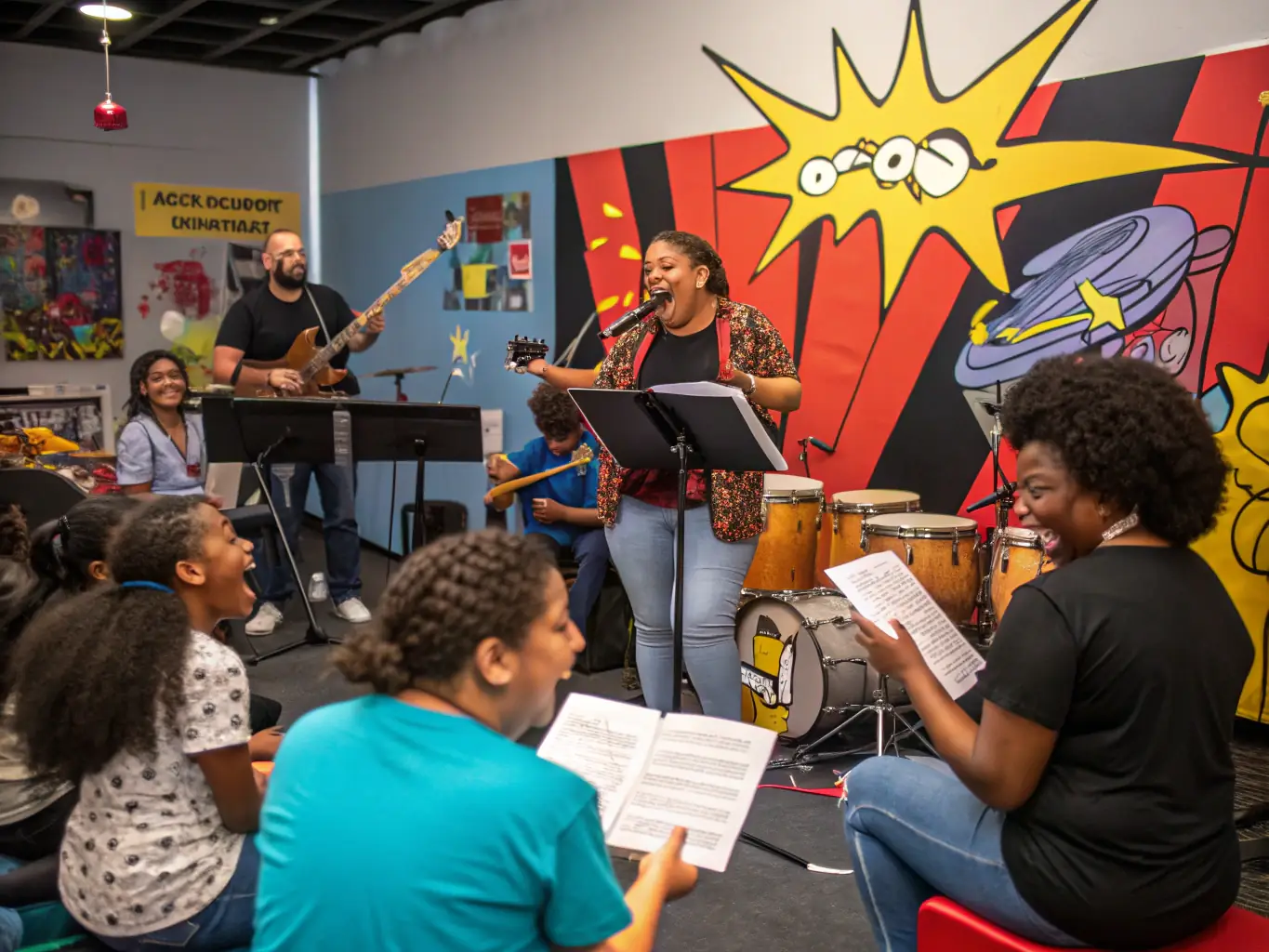 A vibrant image depicting a diverse group of participants engaged in a music workshop, with instruments and smiling faces visible, set against a backdrop of a community center.