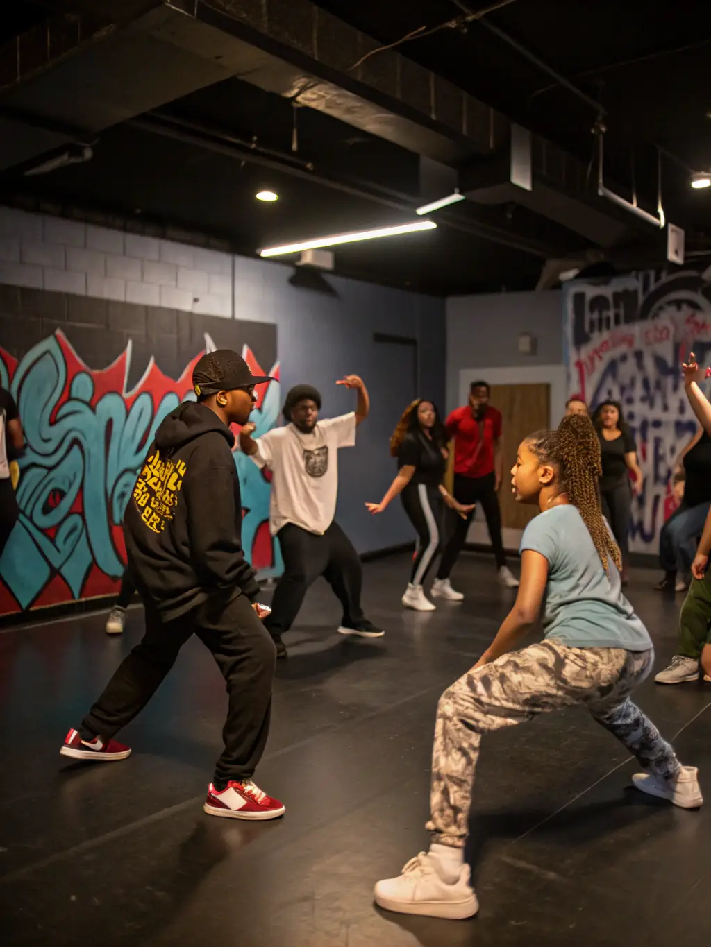 A dynamic image of a performing arts workshop led by experienced artists, with participants actively engaged in learning new skills and techniques.