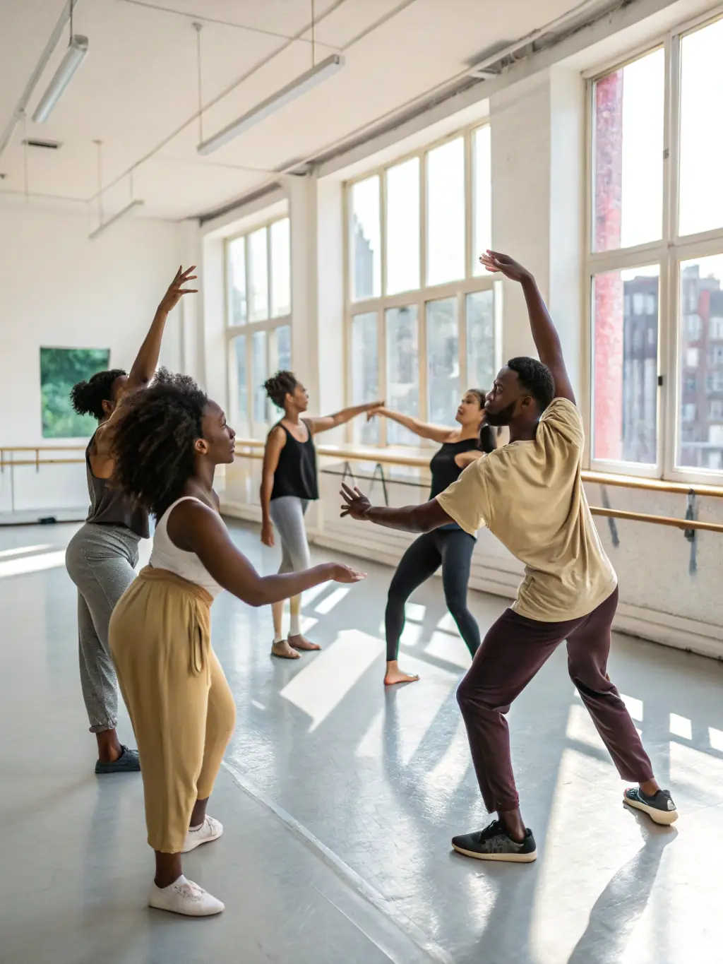 A dynamic image of a performing arts workshop in progress, featuring participants actively engaged in learning and practicing various artistic techniques under the guidance of an instructor.