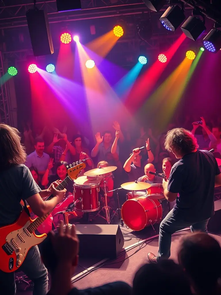 A vibrant photograph capturing a live music performance at one of ASS MUSIQUE ET SPECTACLE's events, showcasing a diverse group of musicians and an enthusiastic audience.