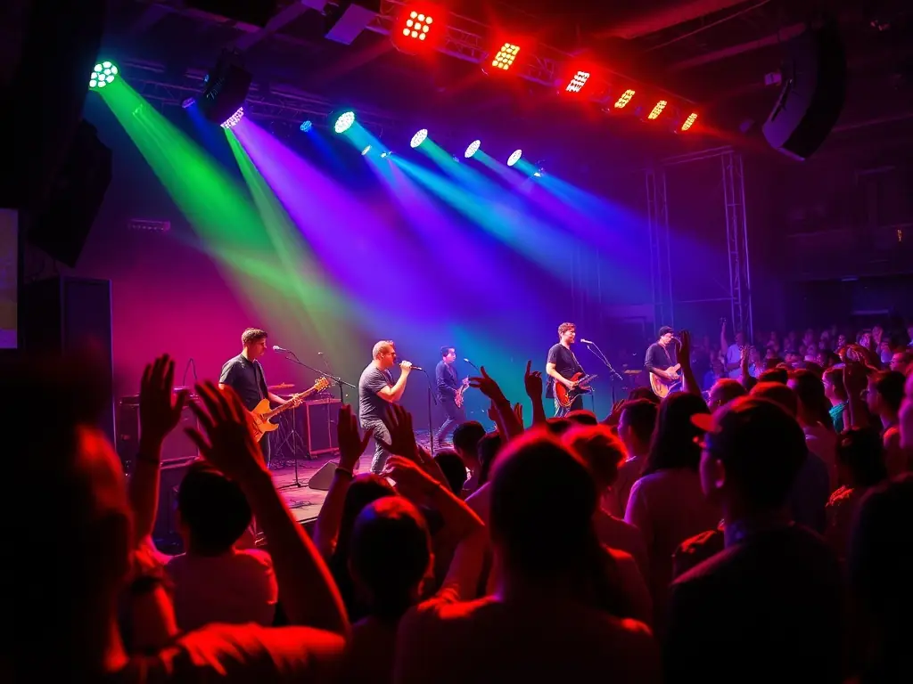 A dynamic image showcasing a live performance on stage, with musicians playing instruments and an enthusiastic audience cheering, set in a concert hall.