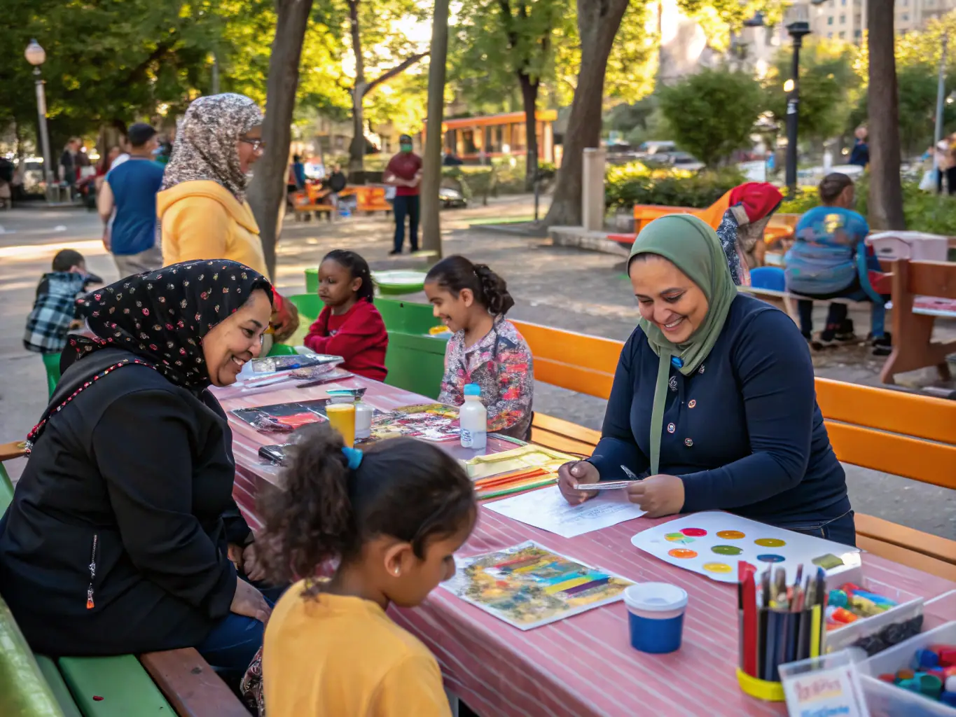 A heartwarming image featuring artists interacting with community members during an outreach event, with instruments and art supplies visible, set in a public park.